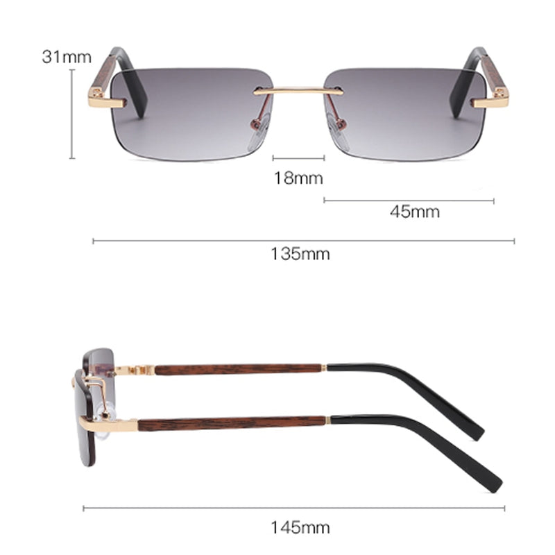 Peekaboo tinted rimless rectangular sunglasses retro blue brown imitated wood frame frameless women glasses for men uv400