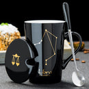 Tazas de cerámica con 12 constelaciones, tazas creativas con tapa de cuchara, taza negra de porcelana, taza de café con leche del zodiaco, regalo para parejas