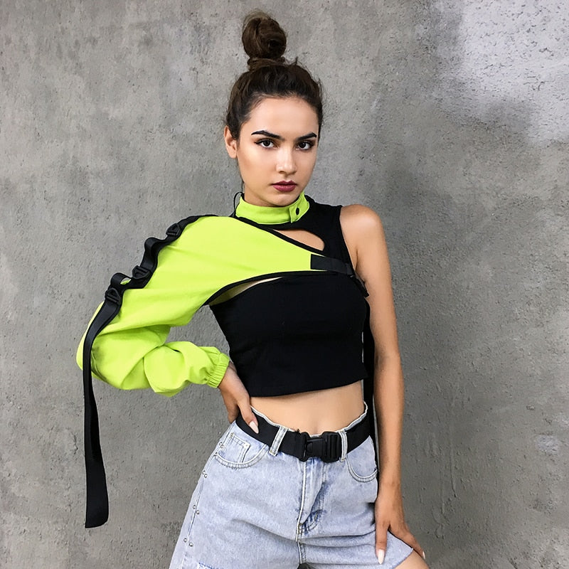 Rockmore Neon Green Reflective T Shirt Women Tshirt Harajuku One Shoulder Off Gothic Top Hip Hop Streetwear Tee Shirt Femme Fall