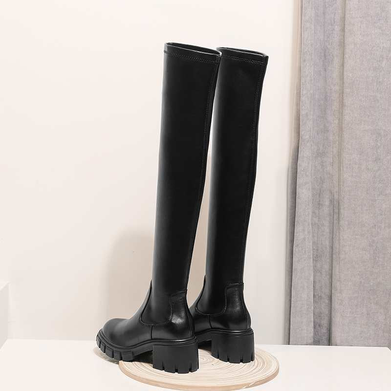 Krazing Pot Big Size Rindsleder Stretch Overknee Stiefel Plattform Runde Zehe High Heels Winter Damen Warme Oberschenkel Hohe Stiefel