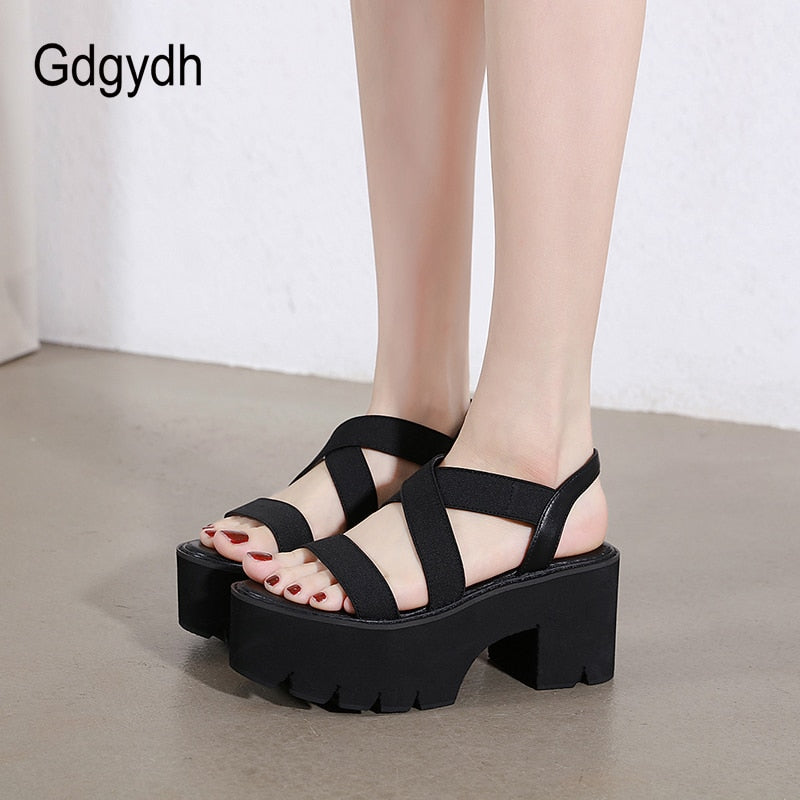 Gdgydh 2022 Sommer Frauen Gladiator Sandalen Dicke Plattform High Heels Bequeme Weibliche Schuhe Gummiband Schwarze Schuhe Drop Ship