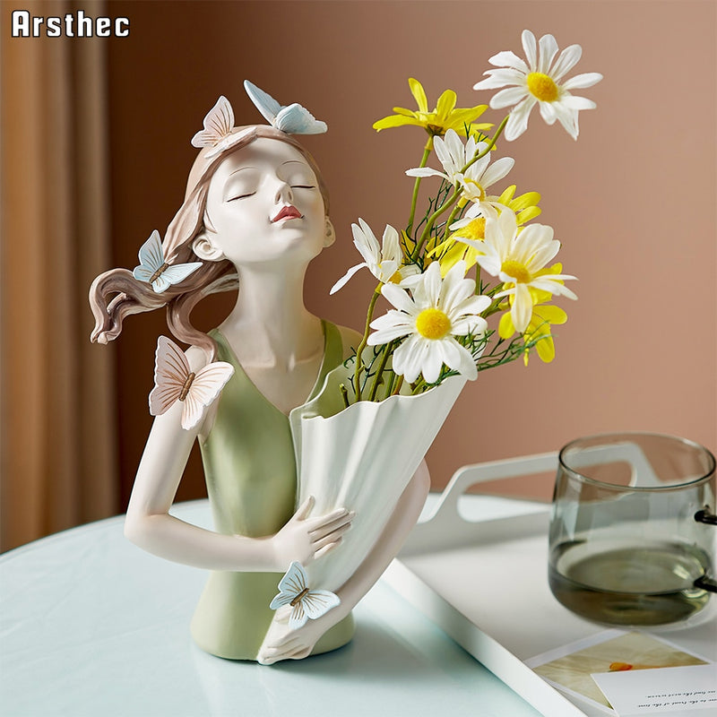 Arsthec Fairy Girl Flowers Vase Statues Kawaii Resin Art Sculpture For Interior Home Decor Wedding Valentine&