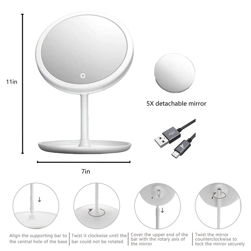 LED-Kosmetikspiegel mit Lichtlampe mit Aufbewahrung, drehbarer Kosmetikspiegel, verstellbar, dimmbar, USB-Kosmetikspiegel