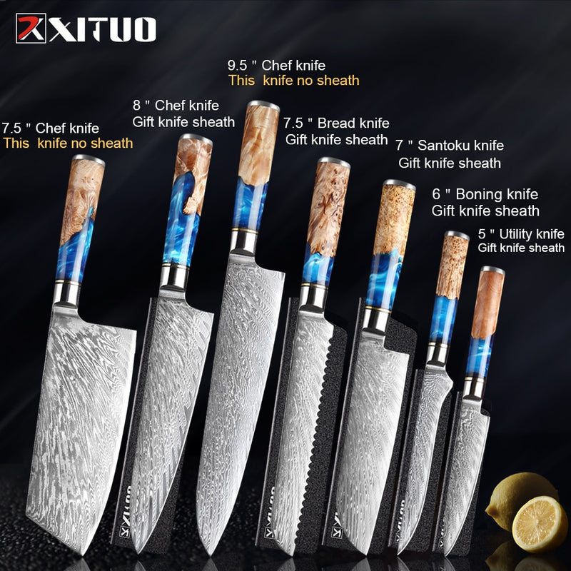 XITUO Kitchen Knives-Set Damascus Steel Chef Knife Cleaver Paring Utility Bread Knife Cooking Tool Blue Resin Handle 1-6Pcs/Set