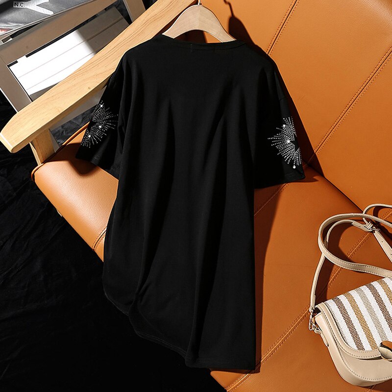 Summer 2021 Europe style new fashion Loose Breathable short-sleeve T-shirt for women personality casual hot diamonds female tops