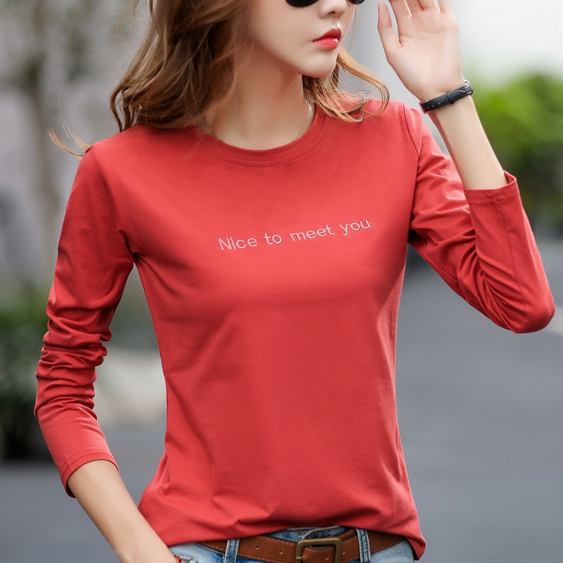 Brief Stickerei 2022 Herbst Baumwolle T-Shirt Frühling Frauen Langarm Lässige Rote T-Shirts Mode Oansatz Blau Gelb Einfache Tops