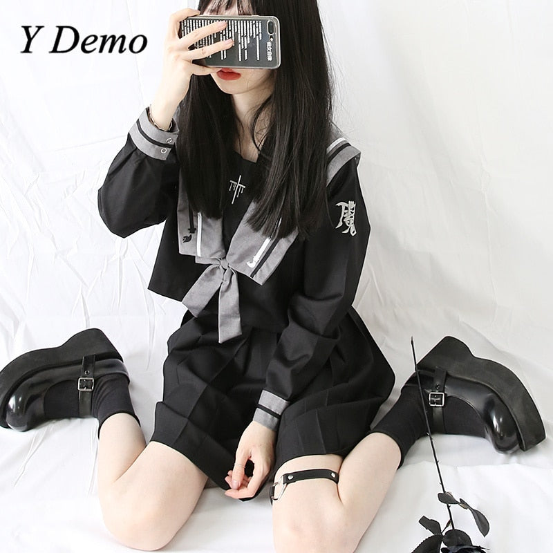 Y Demo Japanese Preppy Style Uniform Skirt Set Woman Bow Shirt A-Line Skirt Suit Harajuku Techwear