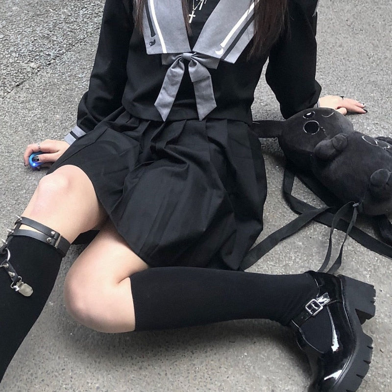 Y Demo Japanese Preppy Style Uniform Skirt Set Woman Bow Shirt A-Line Skirt Suit Harajuku Techwear