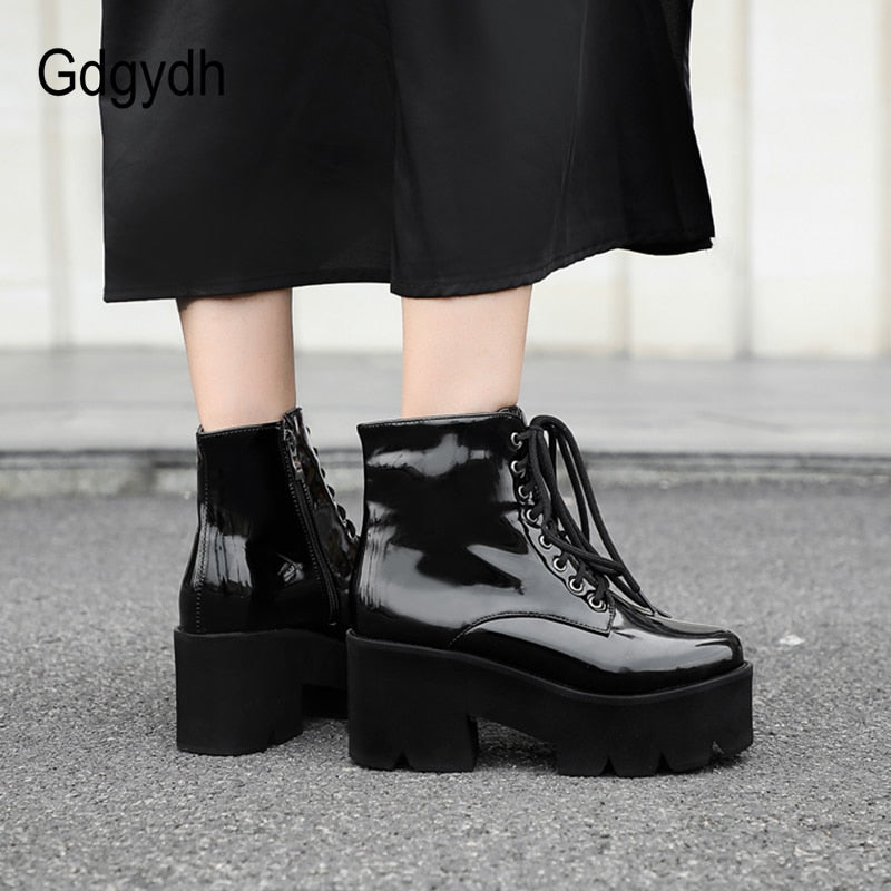 Gdgydh Punk Style Plateauabsatz Damen Stiefeletten Chunky Motorradstiefel für Damen Lackleder Lila Gelb Schuhe Große Größe