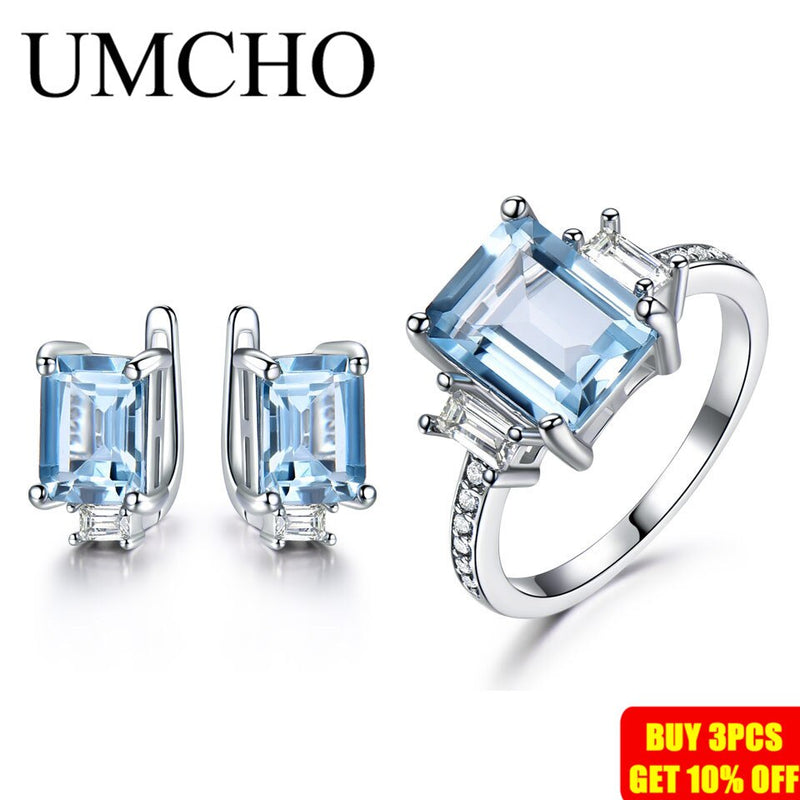 UMCHO 925 Sterling Silber Schmuck Sets für Frauen Edelstein Himmelblau Topas Ring Clip Ohrringe Weibliche Hochzeit Verlobungsschmuck