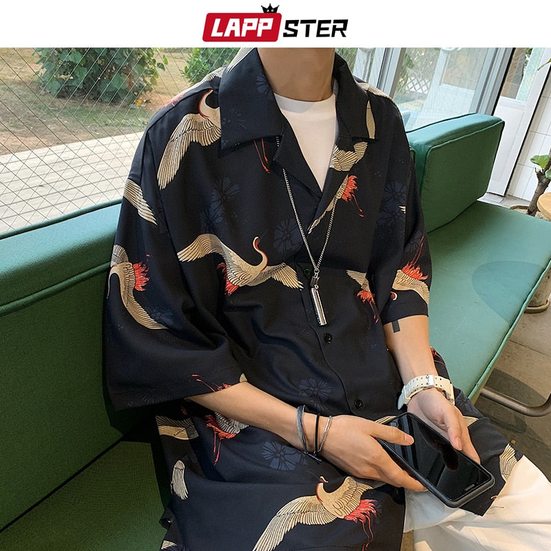 LAPPSTER Y2k Crane Print Shirts Harajuku Tracksuits 2022 Summer Vintage Button Up Short Sleeve Shirts Korean Suit Set Shorts
