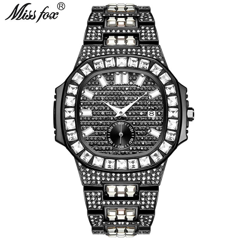 MISSFOX Luxury Men Watch Gold 18K Model Fully Paved Baguette Diamond Mens Watches Waterproof Calendar Male Clock Hours