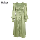 Bclout, elegante vestido camisero de satén con una sola botonadura, moda Beige, ajustado, cuello en V, vestidos largos para mujer, manga larga, bata de otoño e invierno