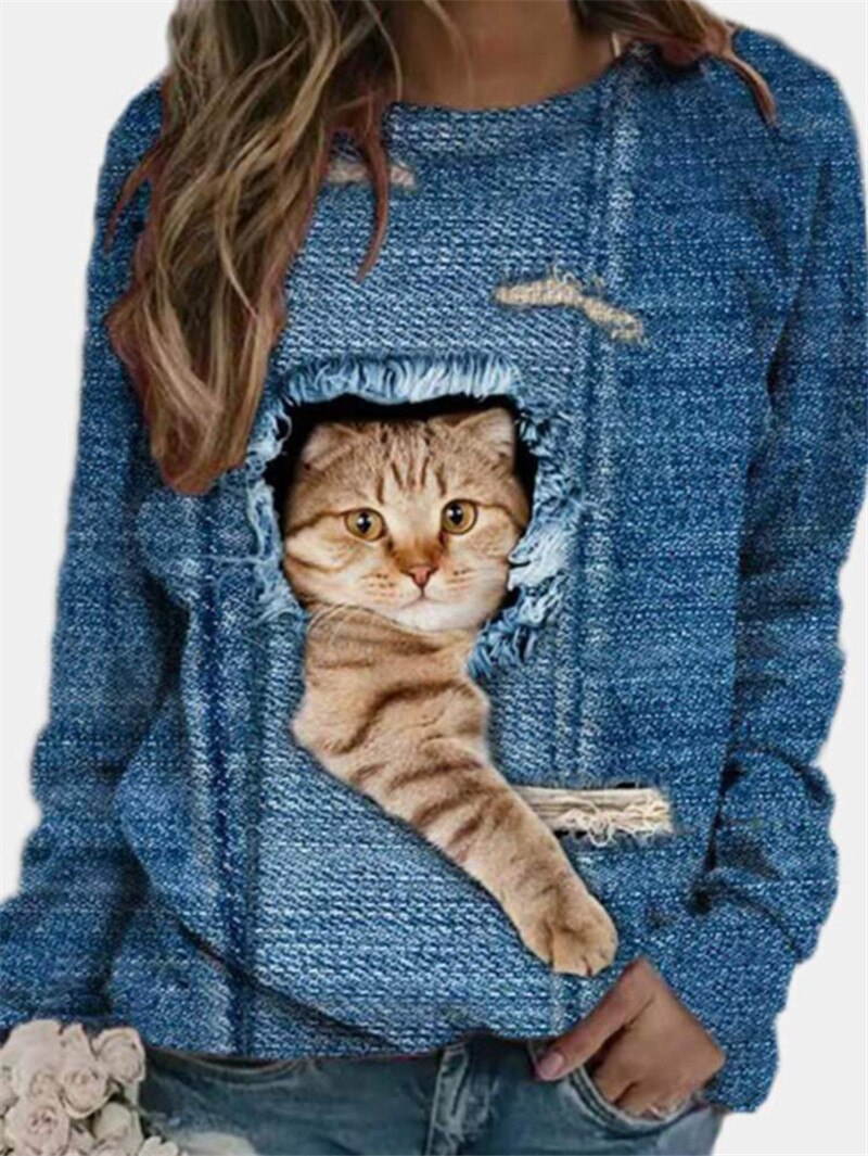 Lustige süße Katze 3D-Druck Lässige Pullover Frauen Kleidung Frühling Herbst Sweatshirts Langarm T-Shirts Dame Kleidung Mode Tops