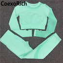 Conjunto de Yoga para mujer, ropa de gimnasio, traje deportivo, Top corto de manga larga calado sin costuras, mallas de entrenamiento de cintura alta, ropa deportiva