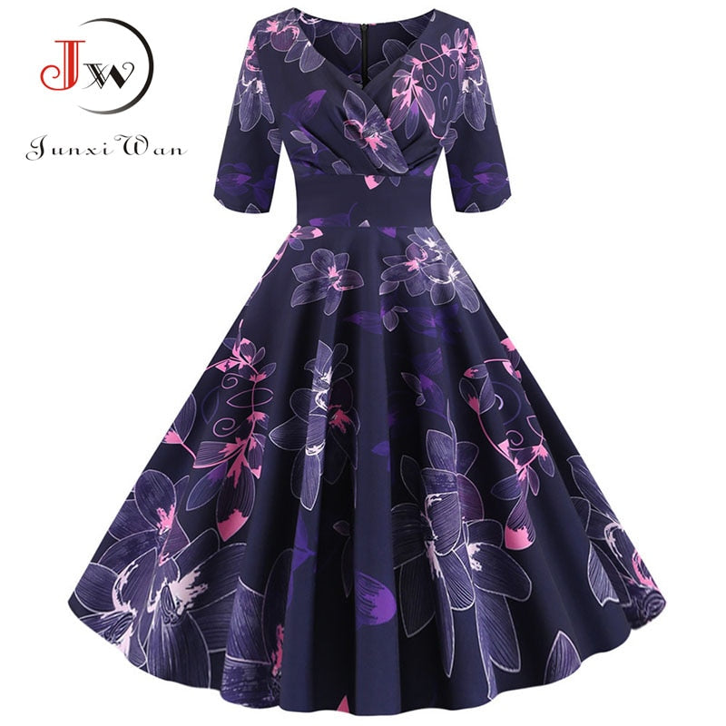 Frauen Blumendruck Herbstkleid Casual Winter halbe Ärmel Elegantes Vintage Kleid Robe Femme Pinup Büro Party Vestidos