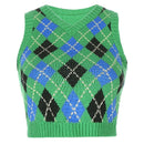 Sweetown Argyle Plaid Strick Tank Top Damen Strickwaren Adrette Kleidung V-Ausschnitt Lässige Crop Pullover Weste 90er Streetwear