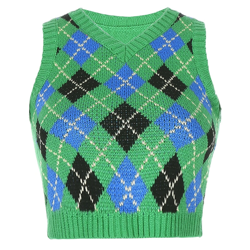 Sweetown Argyle Plaid Strick Tank Top Damen Strickwaren Adrette Kleidung V-Ausschnitt Lässige Crop Pullover Weste 90er Streetwear