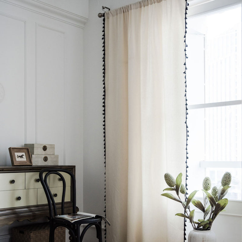 Modern Korea Solid White  curtains Black tassel for living room bedroom windows Cotton linen kitchen ready curtain