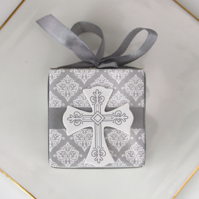 first Communion cross candy box Christening baby shower wedding party bomboniere wrap holders with ribbons