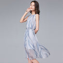 2020 neue Frauen Mittelschule lange ärmellose Pilzkante Taille Kordelzug Streifen elegantes Feenkleid