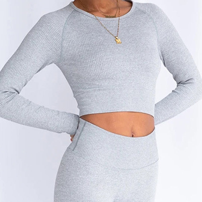 Workout-Oberteile für Frauen, Fitness, Sport, Yoga-Oberteil, gestricktes Yoga-Shirt, nahtloses Oberteil, Langarm, Laufsport-Shirt, Damen-Sportbekleidung