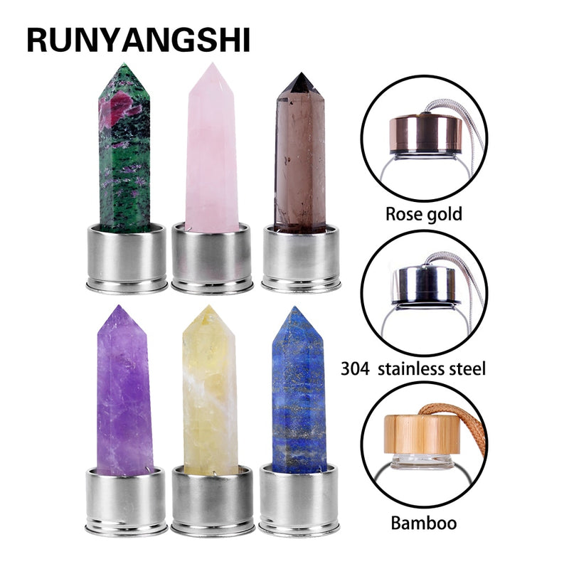 Runyangshi 1pc natural crystal point glass water bottle with 304 stainless steel, rose gold and bamboo cover style for gift