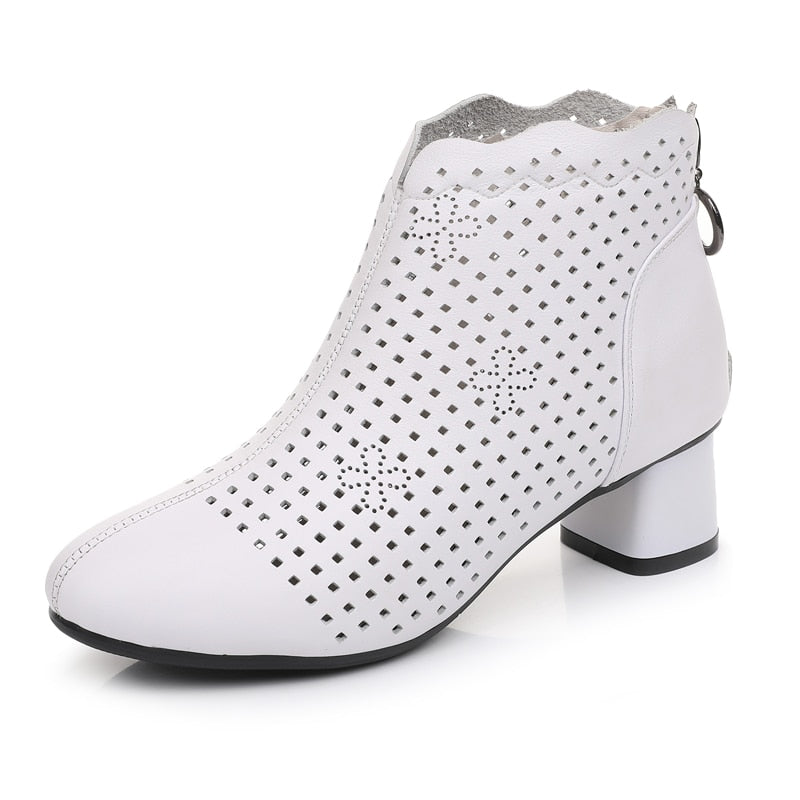 GKTINOO 2022, botines de verano, Zapatos de cuero genuino para Mujer, botas de tacón alto con cremallera trasera, Zapatos transpirables recortados para Mujer