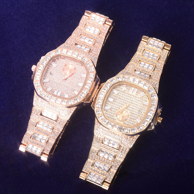 Reloj de hombre con letras de burbujas, reloj de cuarzo de hielo, Baguette de lujo, diamantes de imitación, resistente al agua, reloj masculino, tendencia 2021