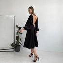 CHURSES Sexy rückenfreies Midikleid mit Laternenärmeln, O-Ausschnitt, Herbstfalten, A-Linie, Mode, Party, Nachtclub, lange Kleider für Frauen