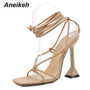 Aneikeh, zapatos de verano para mujer, sandalias básicas de Pu a la moda, tacones de punta cruzados, zapatos de tacón con cordones para fiesta, talla 35-42, negro, blanco, albaricoque