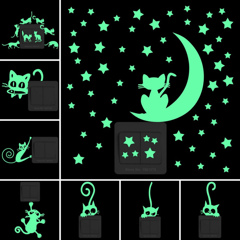 Glow in the Dark Cat Sticker Kids Room Luminous Stickers Home Decor Cartoon Wall Sticker Car Phone Bathroom Toilet Decoration