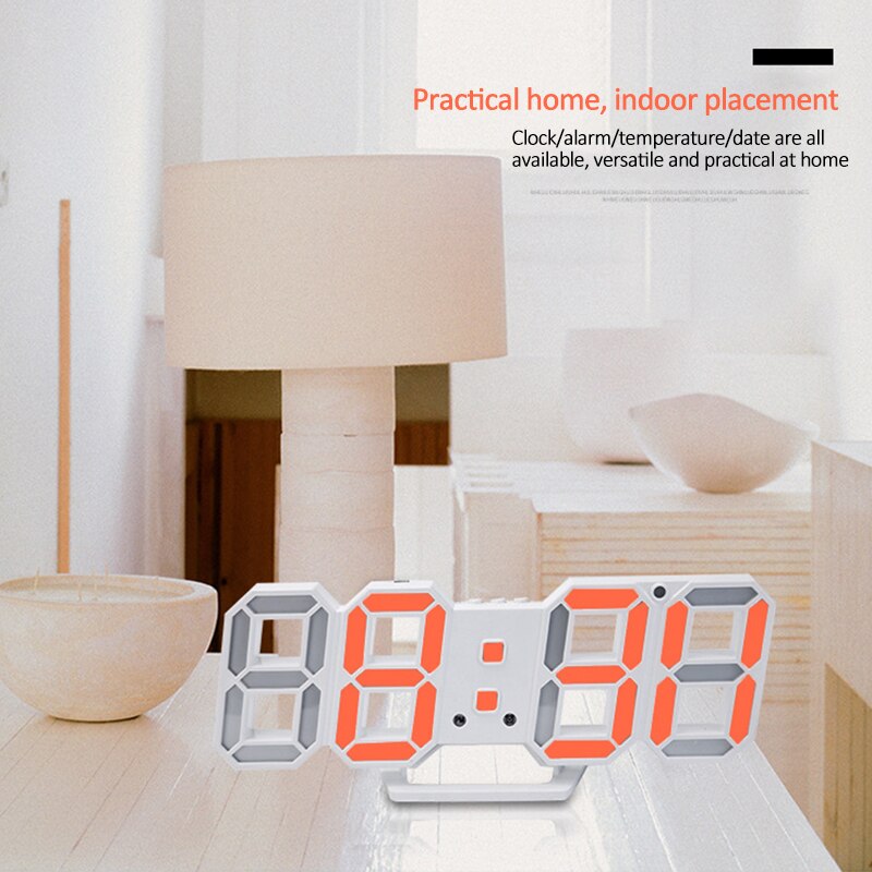 Digital Wall Clock 3D LED Alarm Clock Electronic Desk Clocks with Large Temperature 12/24 Hour Display
