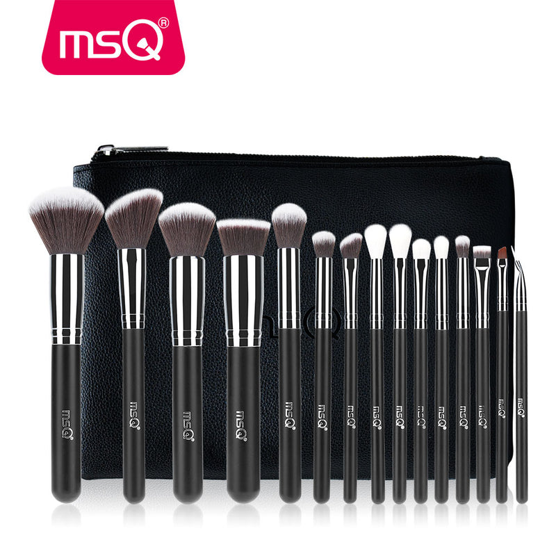 MSQ Professional 15 Uds. Juego de brochas de maquillaje, base en polvo, sombra de ojos, Kit de brochas de maquillaje, Cosméticos, pelo sintético, Funda de cuero PU