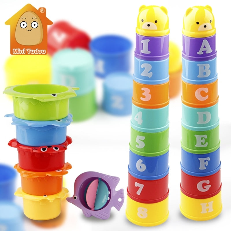 Stack Cup Educational Baby Toys Rainbow Color Figures Folding Tower Funny Puzzle Piles Stacking Cup Letter Toy Kids Water Toys