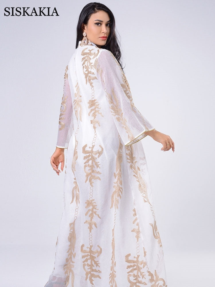 Siskakia Sequins Embroidered Abaya Dress For Women Moroccan Kaftan Turkey Arabic Jalabiya White Islamic Ethnic Robe 2021 Eid New