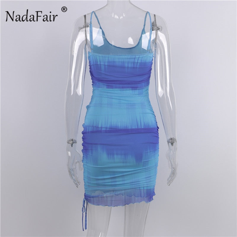 Nadafair Tie Dye Strap Bodycon Mini Dress Party Club V Neck Ruched Bandage Wrap Short Sleeveless Sexy Dress Women Summer