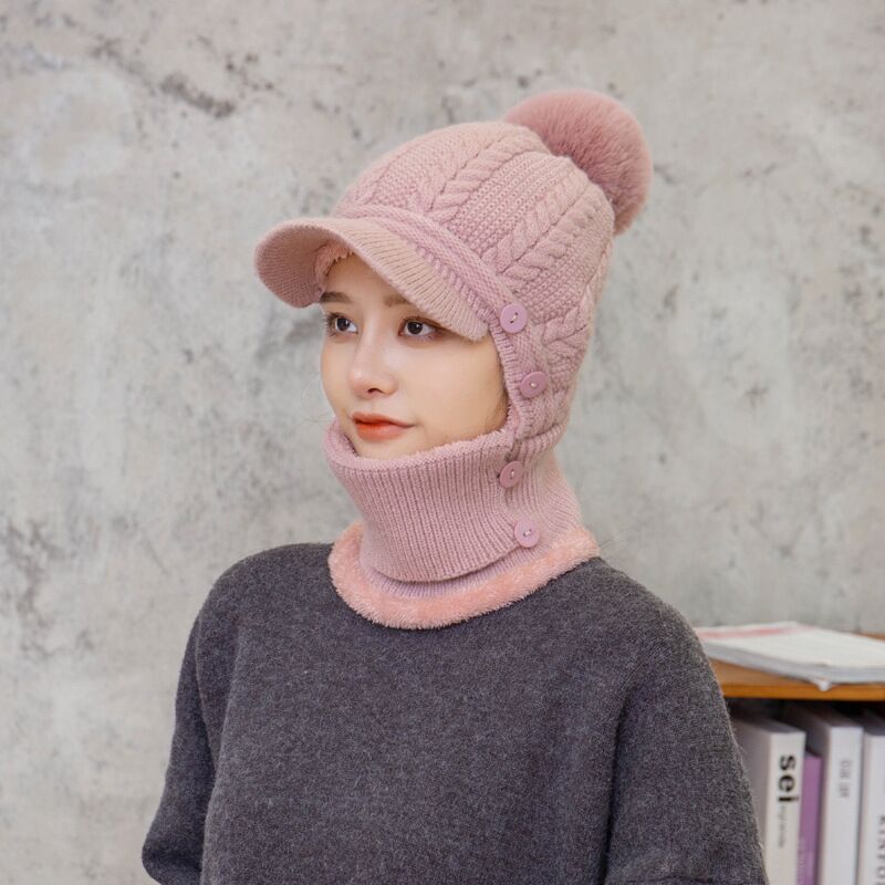 2021 Warm Neck Knit Hat Fur Pompoms Hat Mask Winter Hat For Girl Wool Knitted Hat Female Balaclava Caps Gorras Bonnet