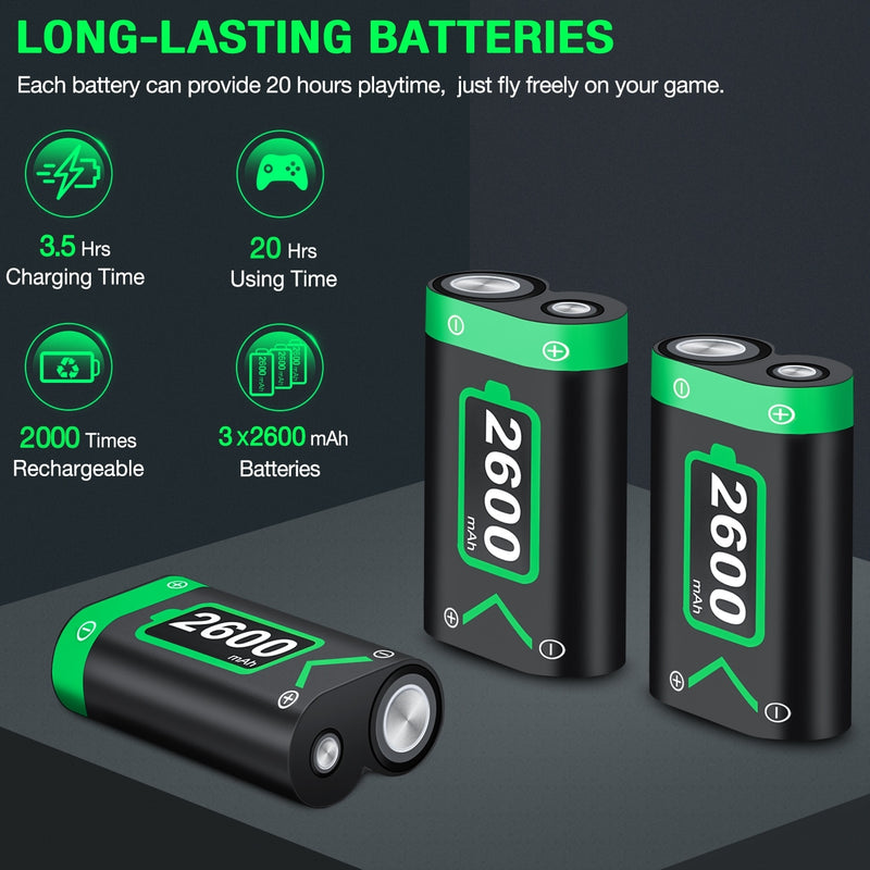 Paquete de 3 baterías recargables de 2600 mAh para Xbox Series X|S/Xbox One/X/S/Elite Wireless Controller Gamepads con cargador USB