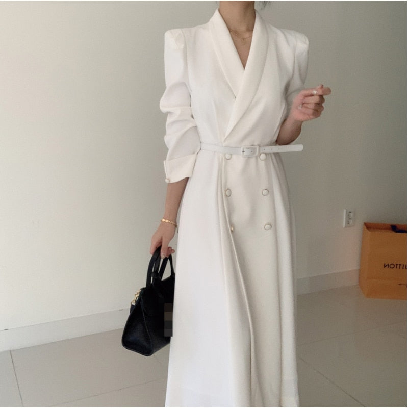 Women's Spring Autumn Casual A-Line Midi White Shirt Dress Long Sleeve Elegant Slim Waist Vestidos Female Fashion Black Clothes