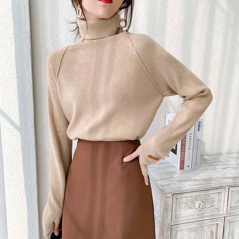BGTEEVER Herbst-Winter-Rollkragen-Frauen-Strickjacke-eleganter dünner weiblicher gestrickter Pullover-beiläufiger gestreckter Pullover-Pullover femme