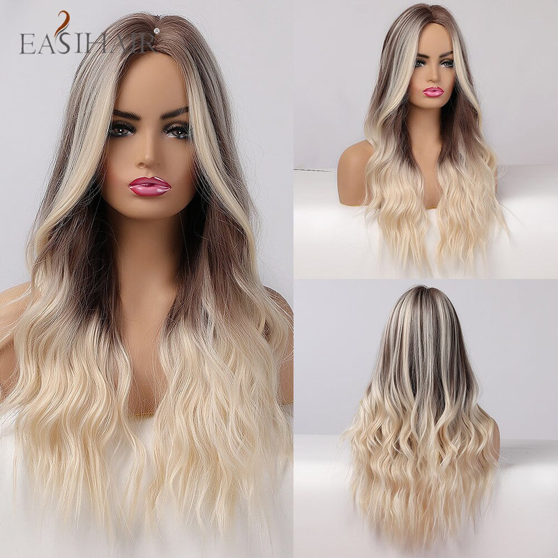 EASIHAIR Long Light Blonde Ombre Natural Wave Style Wigs Heat Resistant Synthetic Wigs Middle Part Hair Cosplay Wigs for Women