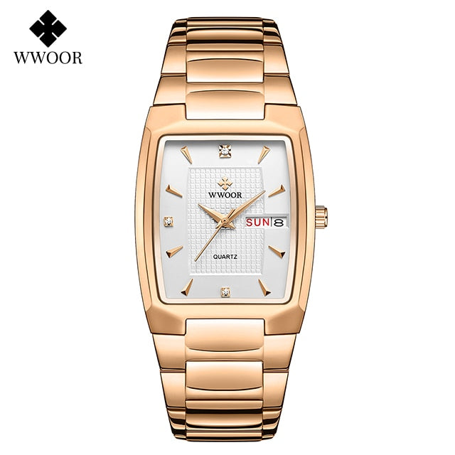 Relogio Masculino WWOOR 2022 Neue quadratische Uhr Herren mit automatischem Wochendatum Mann Quarz Armbanduhren Luxus Edelstahl Gold