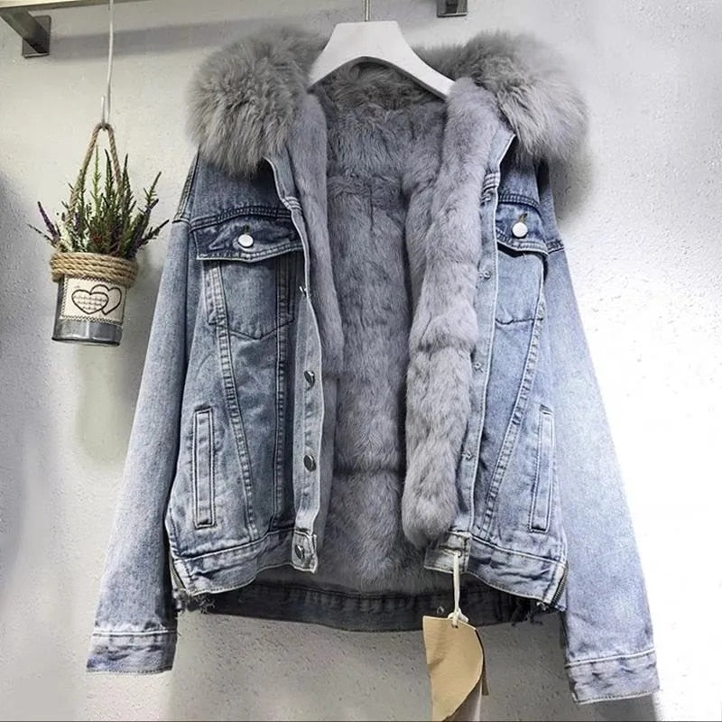 Thick warm Denim Parkas Female Winter Oversized Detachable Plus Velvet Jacket Vintage Cotton Denim Jacket Women Denim Coat