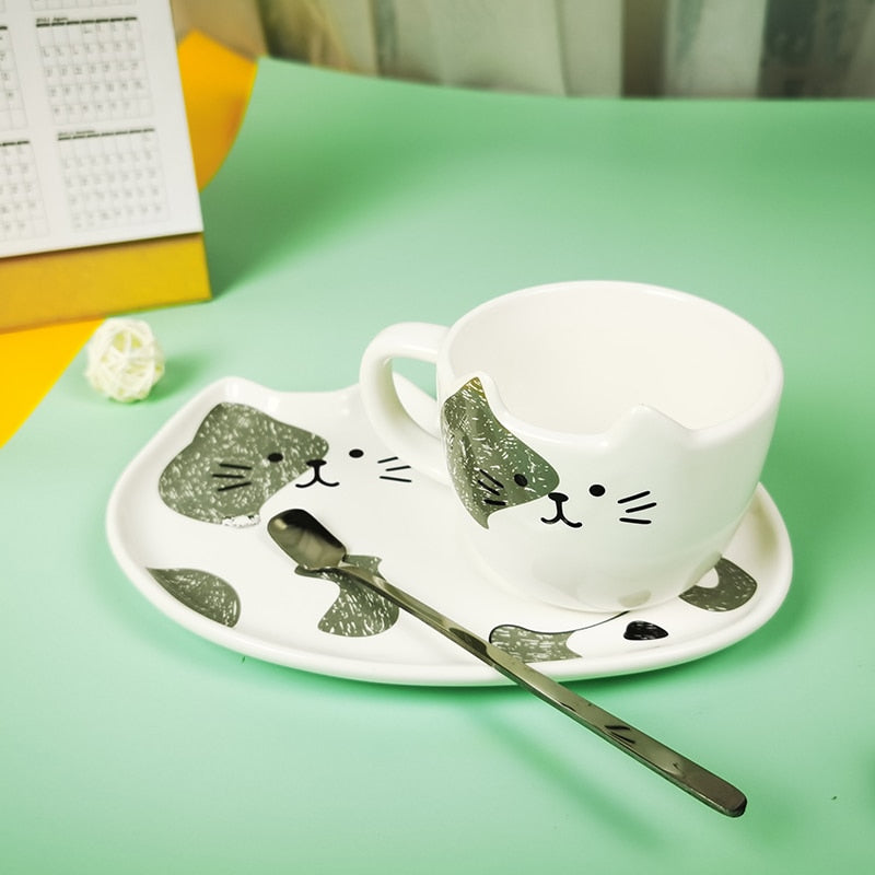 Juegos de tazas de café de cerámica con diseño de gato de dibujos animados, taza de té, plato de postre, conjunto creativo de taza de café y platillo, cuchara para regalar