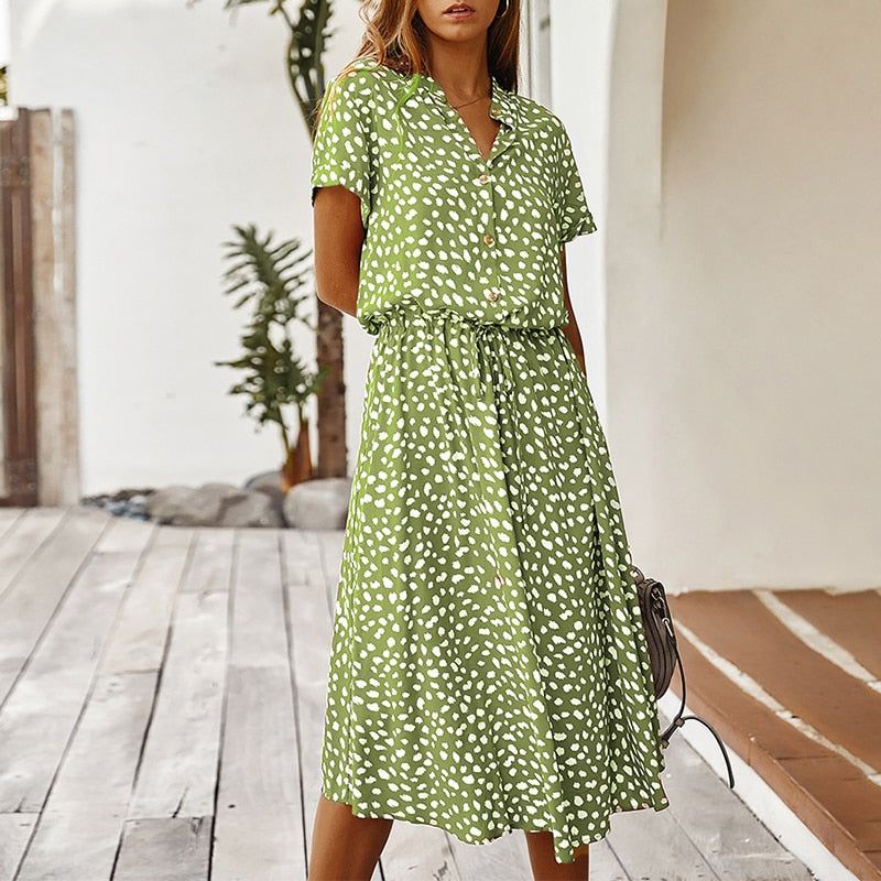 Mode Frauen Kleider Sommer Boho Dot Print Hohe Taille Hemdkleid Casual Holiday Beach Kurzarm Damen Midikleid