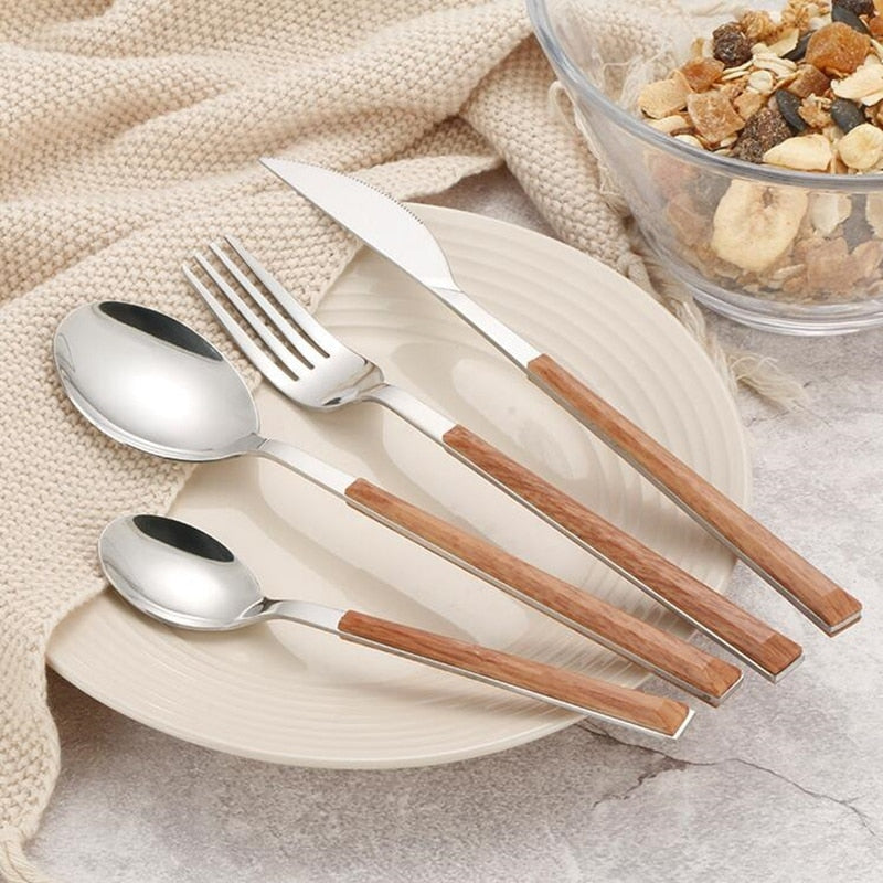 16/20/24Pcs 304 Stainless Steel Dinnerware Sets Glossy Silver Wooden Tableware Western Food Knife Fork Teaspoon Cubiertos