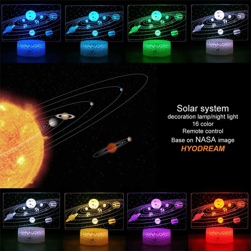 USB 16 Colors Night Light&24 Key Remote Solar System 3D Illusion Lamp Universe Space Kids Boys Girls Birthdays or Holidays Gifts