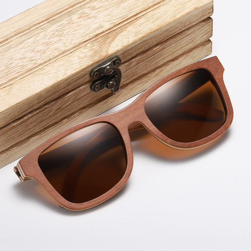 GM Polarized Sunglasses Women Men Layered Brown Skateboard Wooden Frame Square Style Glasses for Ladies Eyewear In Wood Box