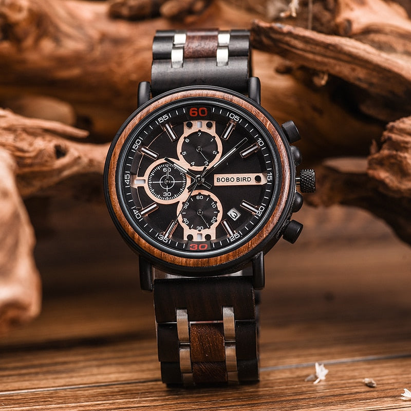 BOBO BIRD Wooden Watch Men Wristwatches Date Show Luminous Hand Chronograph Timepiece relogio masculino with Gift Box